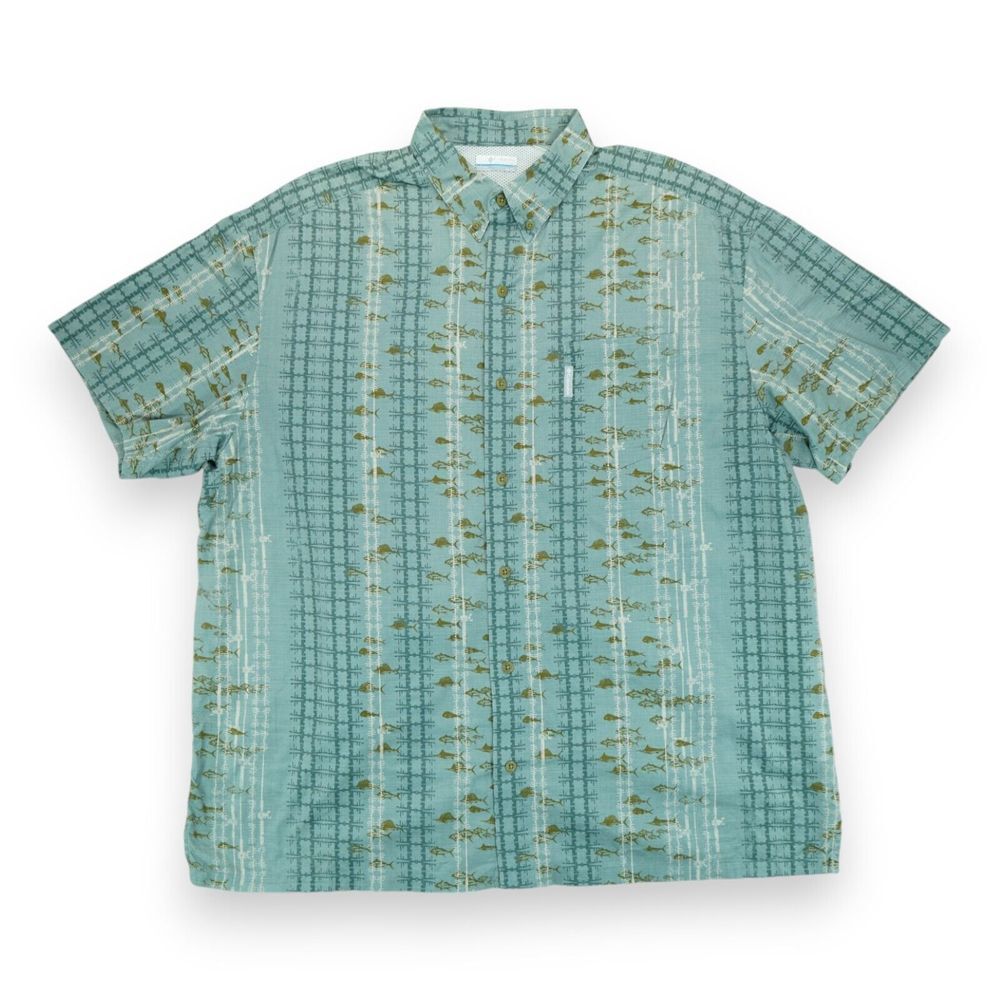 Columbia PFG Short Sleeve Button Shirt Mens XL Green Fish All Over‎ Print